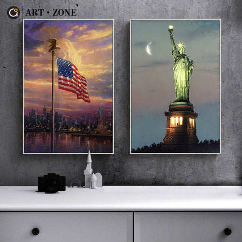 Canvas Painting Statue Of Liberty And United States Flag